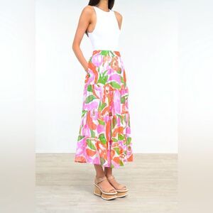 Banjanan Agatha Floral Tiered Midi Skirt in Orange/Green/Pink/White size Medium